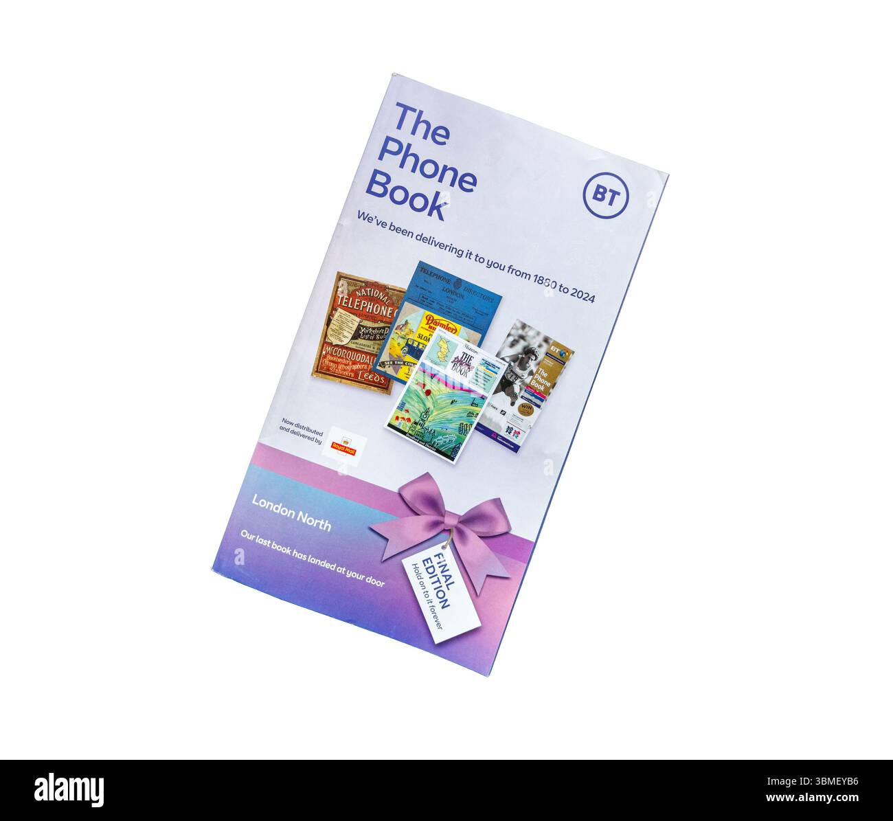 Die letzte gedruckte Ausgabe des Telefonbuchs, verteilt von Royal Mail, London North Edition, isoliert auf weißem Hintergrund Stockfoto