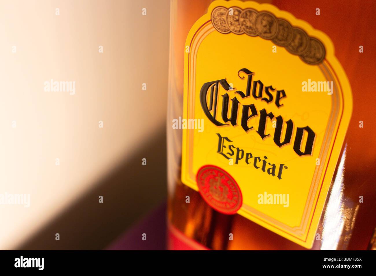 Mexiko-Stadt, MEXIKO - 6. Dezember 2024 : Makrobild von Jose Cuervo Especial Tequila Flaschenetikett mit warmer Beleuchtung. Stockfoto