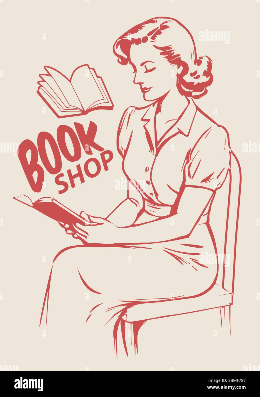 Retro-Frau Liest Buch Isoliert. Label oder Branding im Buchladen. Stock Vektor