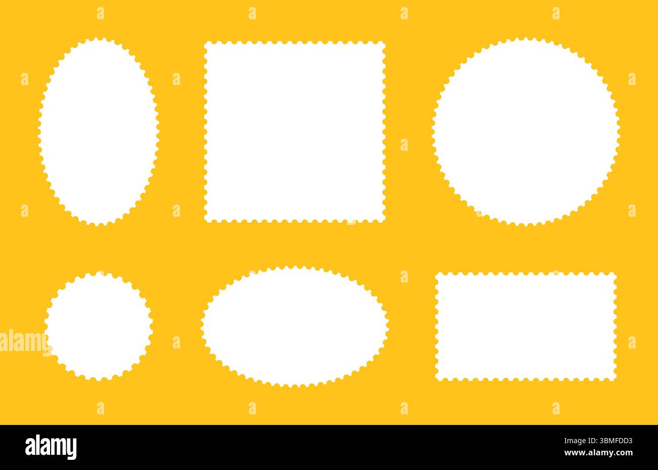 Briefmarkenrahmen in weiß. Set aus leeren Rändern, Hintergründen für Postkarte, Brief. Etiketten, Etiketten, Coupons, Boxen mit kurvigen, wackeligen, gewellt perforiert Stock Vektor