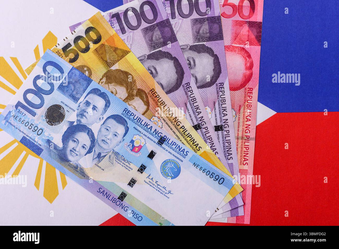 Philippinisches Geld, Peso, Papierscheine, Bargeld. Philippinisches Geld für Geschäfte, Reisen Stockfoto