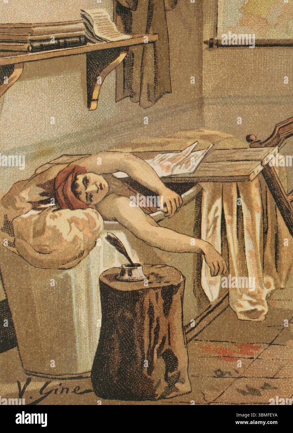 Jean-Paul Marat (1743-1793). Französischer Wissenschaftler und Arzt, der während der Französischen Revolution zu einem wichtigen Politiker wurde. Jakobiner Führer, er verteidigte den Terror. Die Ermordung von Marat. Illustration von Vicente Giné. Chromolithographie. Details. Los Girondinos (Revolución Francesa) (die Girondins, Französische Revolution), von A. de Lamartine. Band II. Veröffentlicht in Barcelona, 1904. Stockfoto