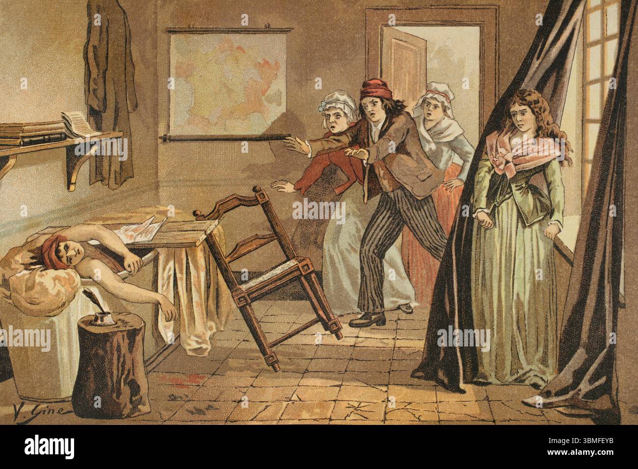 Jean-Paul Marat (1743-1793). Französischer Wissenschaftler und Arzt, der während der Französischen Revolution zu einem wichtigen Politiker wurde. Jakobiner Führer, er verteidigte den Terror. Die Ermordung von Marat. Illustration von Vicente Giné. Chromolithographie. Los Girondinos (Revolución Francesa) (die Girondins, Französische Revolution), von A. de Lamartine. Band II. Veröffentlicht in Barcelona, 1904. Stockfoto