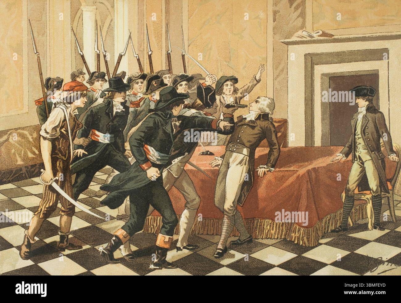 Maximilien Robespierre (1758-1794). Französischer Schriftsteller, Anwalt und Politiker. Robespierre und seine Gefolgsleute versammelten sich am 9. Thermidor-Jahr II (27. Juli 1794) im Hôtel-de-Ville in Paris. Chromolithographie von Vicente Giné. Los Girondinos (Revolución Francesa) (die Girondins, Französische Revolution), von A. de Lamartine. Band II. Veröffentlicht in Barcelona, 1904. Stockfoto