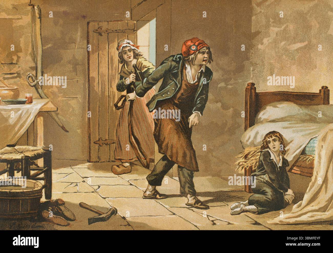 Ludwig XVII. (Louis Charles) (1785-1795). Der Antragsteller König von Frankreich. Er starb im Alter von zehn Jahren im Gefängnis des Pariser Tempels während der Französischen Revolution. Der Nationalkonvent stellte den Dauphin in die Obhut von Antoine Simon (1736–1794), einem französischen Schuhmacher und Revolutionär, Mitglied der Cordeliers, während seiner Zeit im Tempel. Der Dauphin, den der Schuhmacher Simon hält. Illustration von Vicente Giné. Chromolithographie. Los Girondinos (Revolución Francesa) (die Girondins, Französische Revolution), von A. de Lamartine. Band II. Veröffentlicht in Barcelona, 1904. Stockfoto