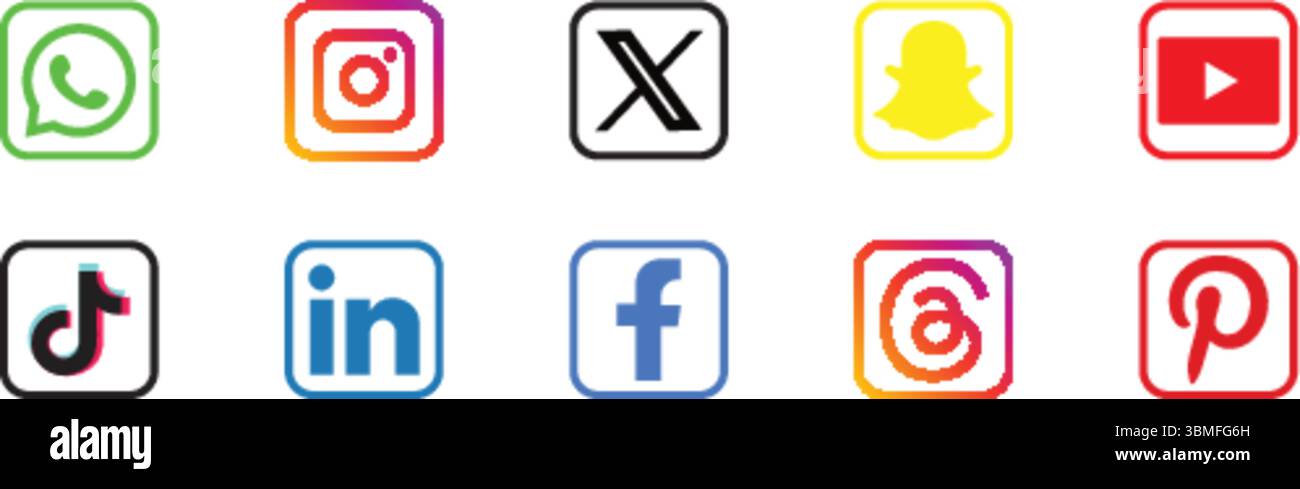 Social-Media-Plattformen – Symbolsatz, WhatsApp, instagram, snapchat, tiktok, youtube, linkedin, facebook, vimeo, pinterest Symbole Stock Vektor