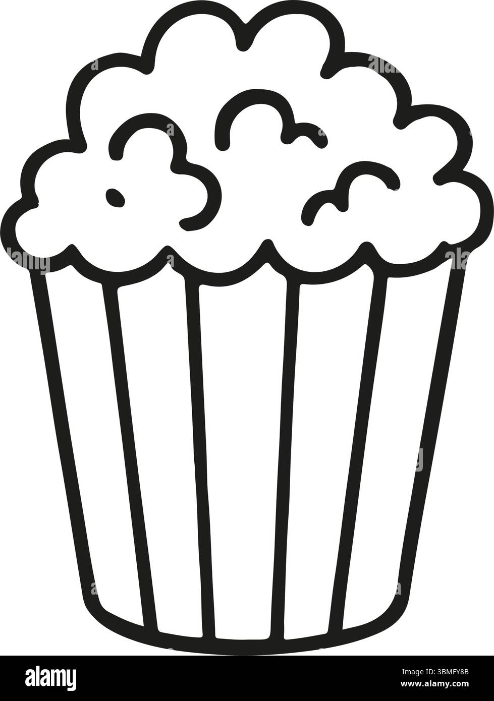 Popcorn in einer Schaufel wird in einer einfachen Strichzeichnung dargestellt. Es ist ein einfaches Schwarz-weiß-Design, das wie eine handgezeichnete Skizze aussieht Stock Vektor
