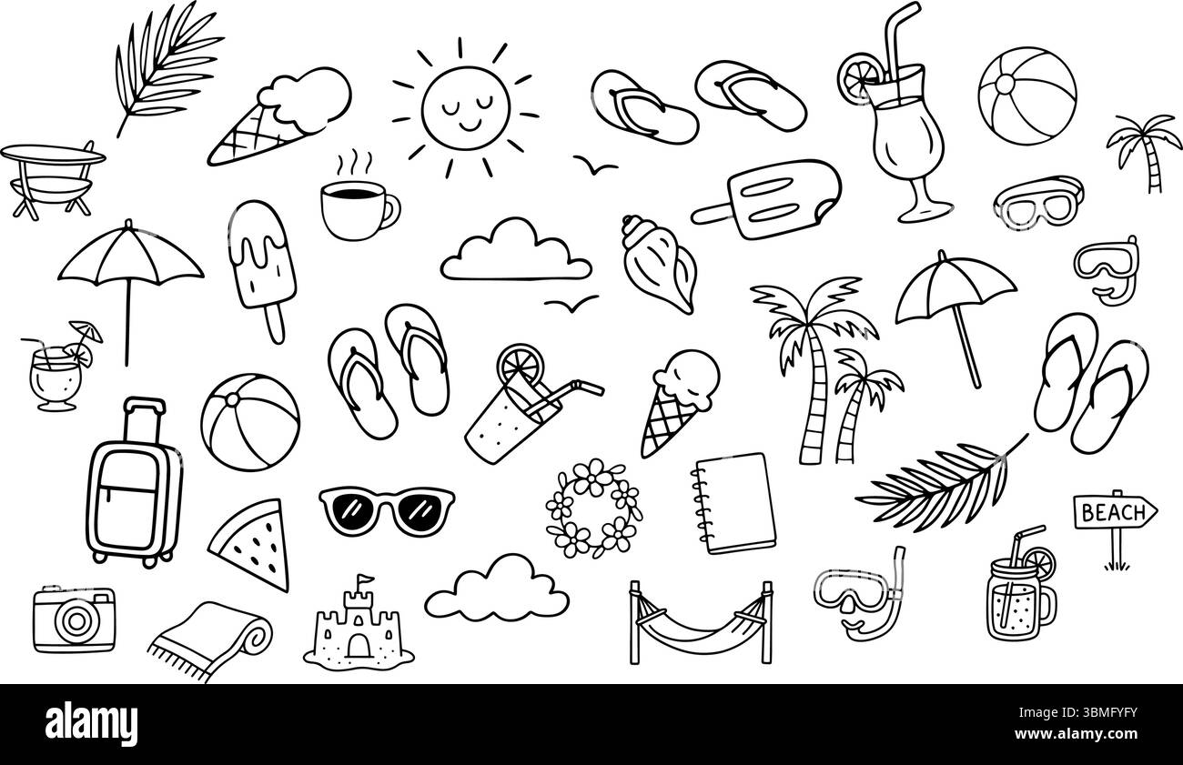 Verschiedene handgezeichnete Vektorkritzeleien zeigen den Sommerurlaub, darunter Strandelemente wie Palmen, Sonnenschirme und Speisen und Getränke Stock Vektor
