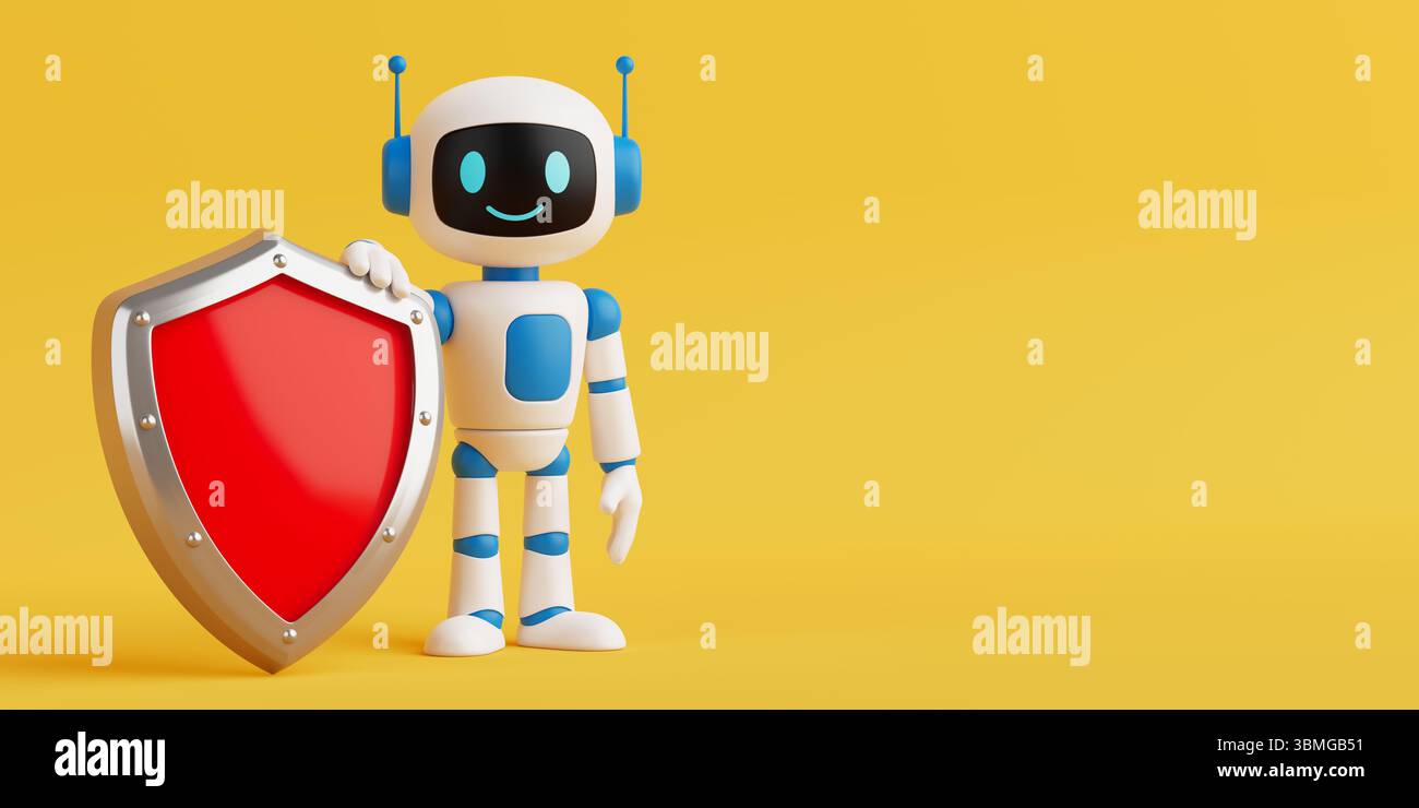 Schutzkonzept Für Cybersicherheit. Lächelnder AI-Roboter mit rotem Schild, das digitale Sicherheit auf gelbem Hintergrund symbolisiert. 3D-Rendering Stockfoto