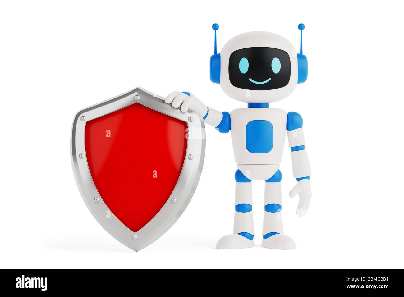 Schutzkonzept Für Cybersicherheit. Lächelnder AI-Roboter mit rotem Schild, das digitale Sicherheit auf weißem Hintergrund symbolisiert. 3D-Rendering Stockfoto
