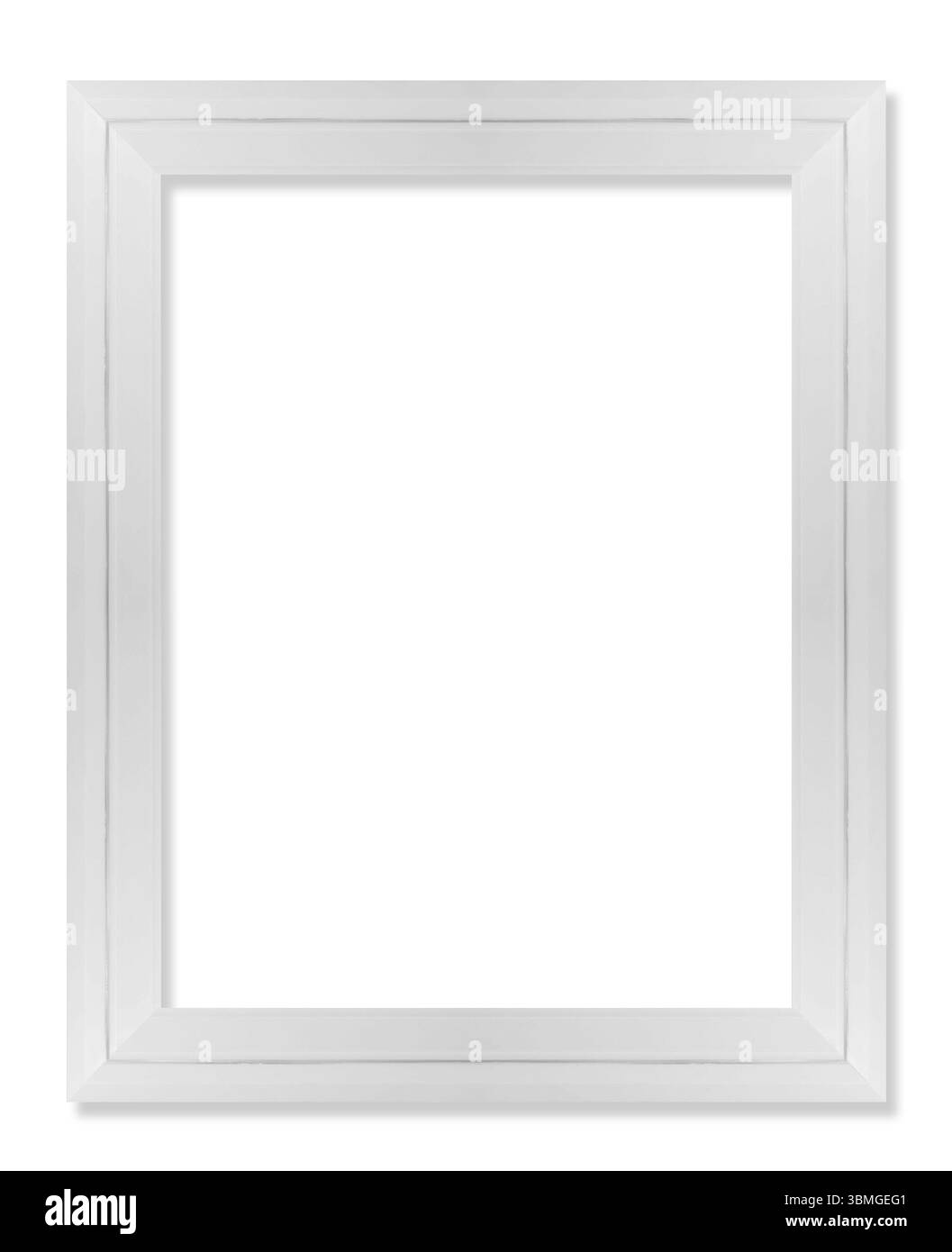 Moderner, fotoweißer Rahmen. Weißer Rand und weißer Hintergrund. Rechteckrahmen und Schatten isoliert auf weißem Hintergrund Stockfoto