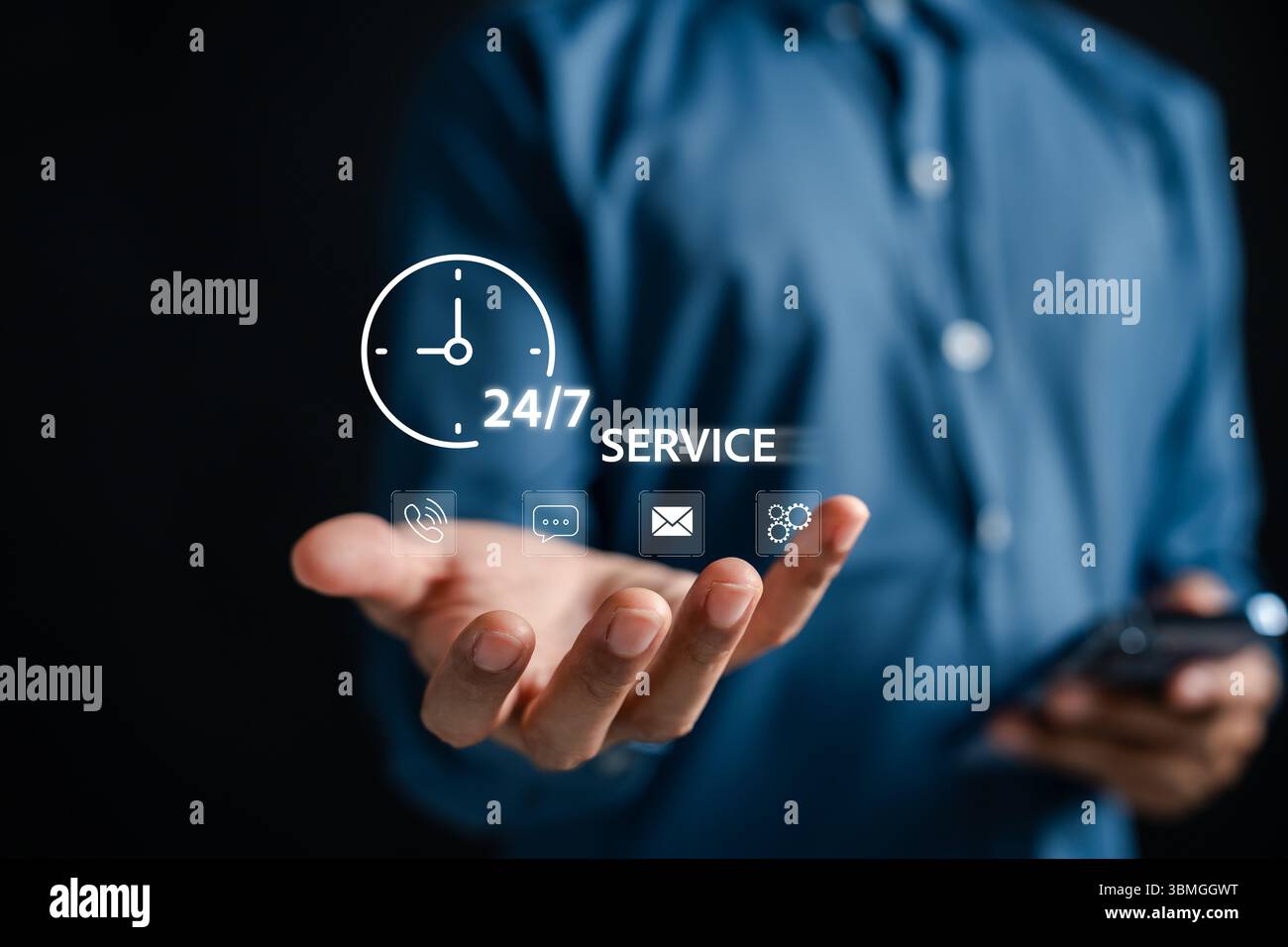 24-7 Servicekonzept für den Kundenservice mit ununterbrochener Kommunikation per Anruf, Chat und E-Mail. Ideal für CRM, Helpdesk und technischen Support Stockfoto