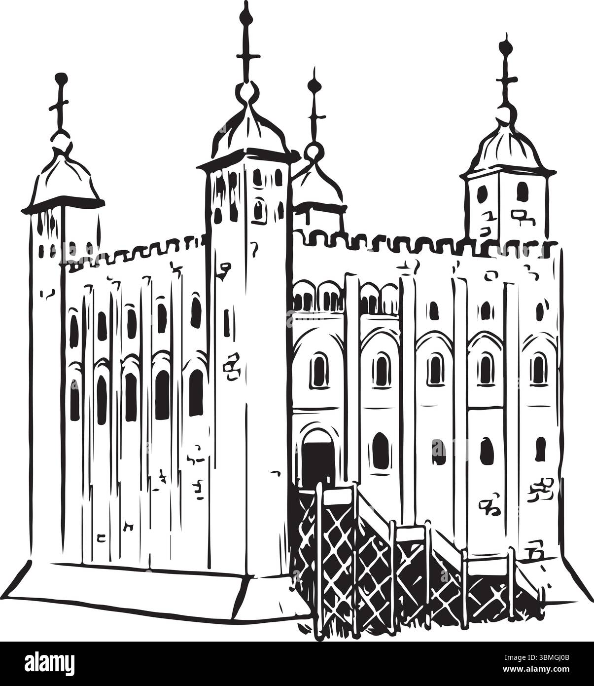 Tower of London, England, Schwarzweiß-Zeichnung. Berühmte normannische Festung mit historischen Steinmauern und berühmten Wahrzeichen wie dem Weißen Turm. Stock Vektor