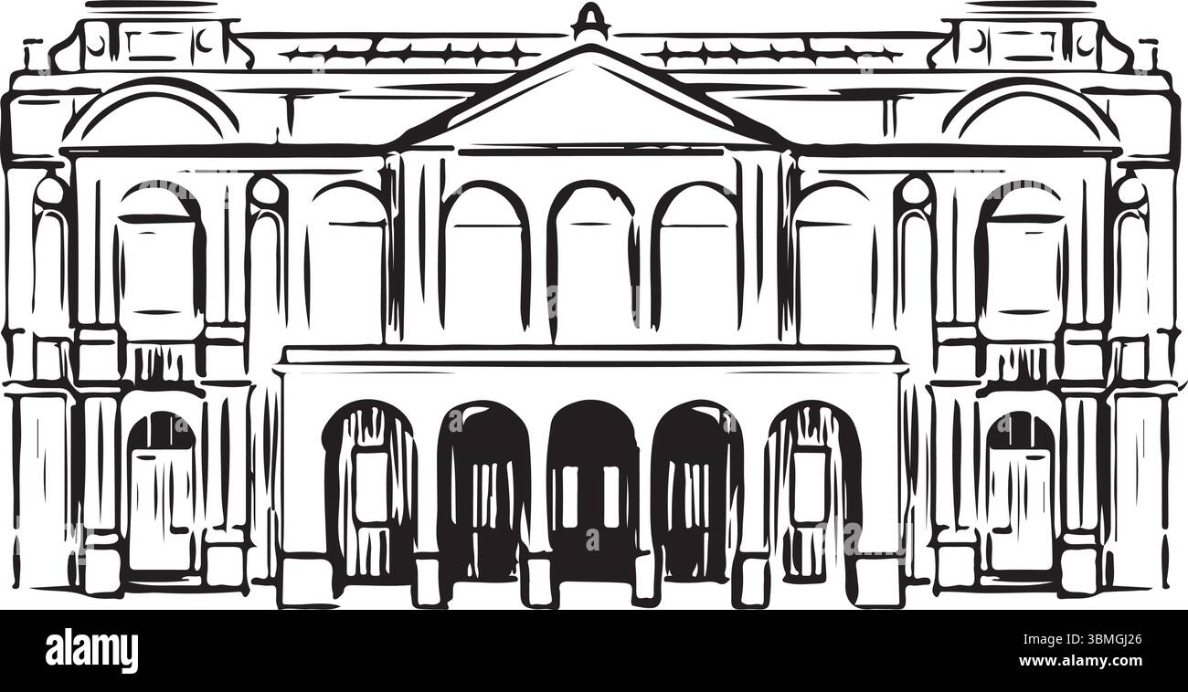 York Art Gallery, York, England, Schwarzweiß-Tinte Skizze. Elegantes viktorianisches Gebäude mit großer Fassade, das Kunstsammlungen und Ausstellungen beherbergt Stock Vektor