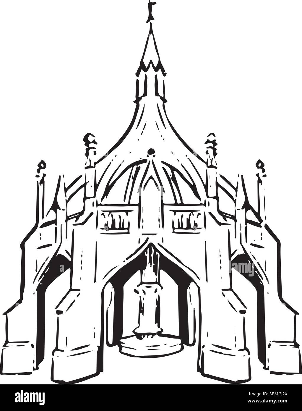 Geflügel Cross, Salisbury, England, Schwarzweiß-Tinte Skizze. Historisches mittelalterliches Marktkreuz mit komplizierten Steinbögen. Tourismus, Reisen, Kulturerbe Stock Vektor