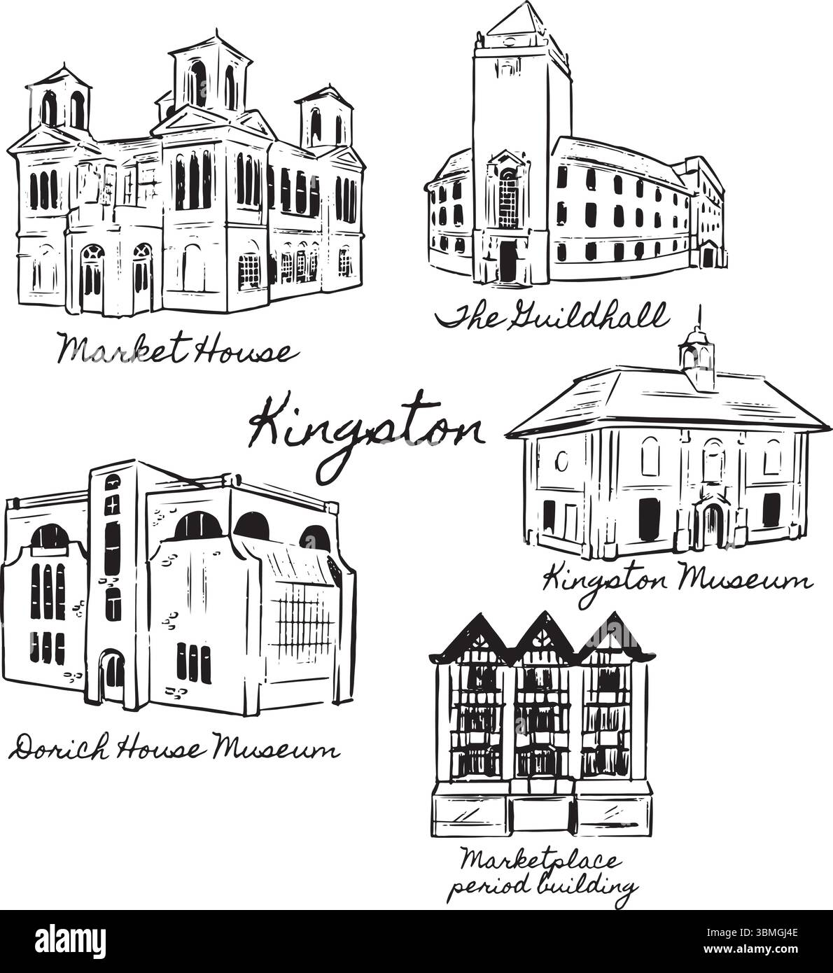 Kingston Landmarks Tintenillustrationssatz. Market House, Guildhall, Kingston Museum, Dorich House Museum, Marketplace Bauskizzen aus der Zeit. Stock Vektor