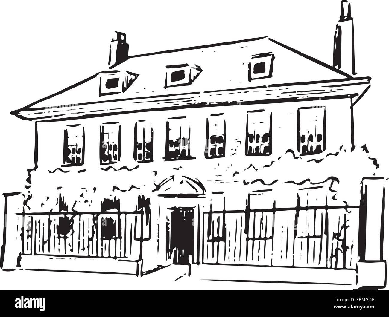 Mompesson House, Salisbury, England, Schwarzweißtinte Skizze. Elegantes Stadthaus im Queen Anne-Stil mit symmetrischer Fassade und klassischer Architektur Stock Vektor