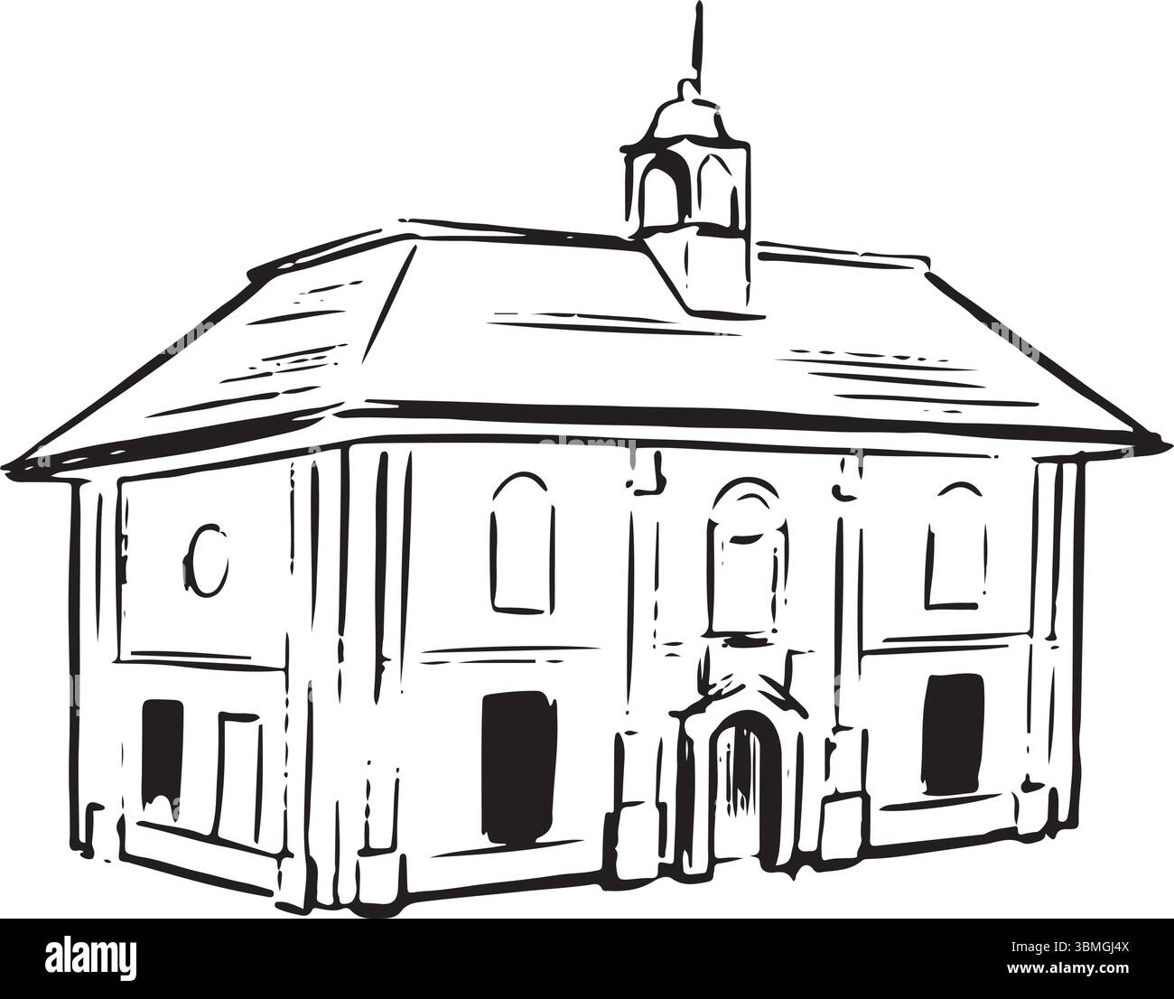 Kingston Museum, Kingston upon Thames, England, Schwarzweißtinte Skizze. Historisches Edwardiangebäude mit lokaler Geschichte, Kunst und Fotografie. Stock Vektor