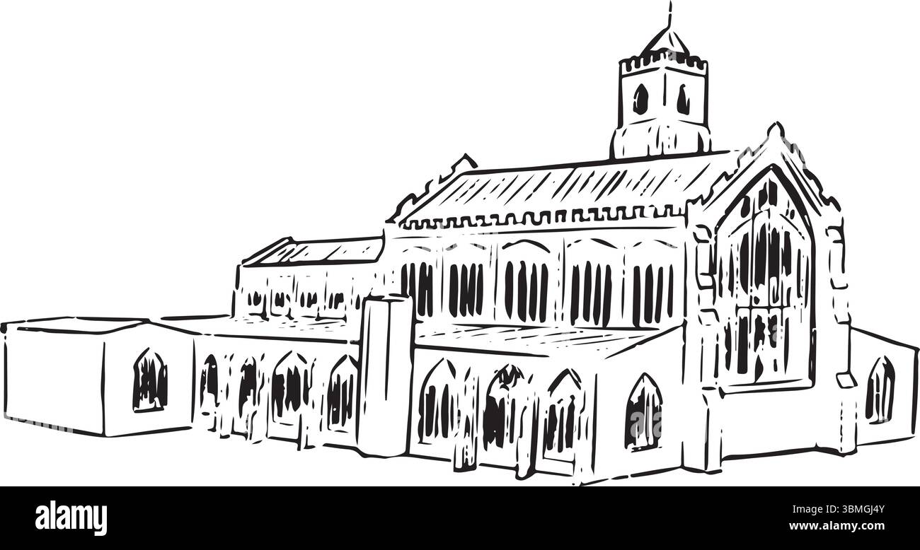 St. Thomas Church, Salisbury, England, schwarze und weiße Tinte. Historische mittelalterliche Pfarrkirche, bekannt für gotische Architektur. Perfekt für den Tourismus, Stock Vektor