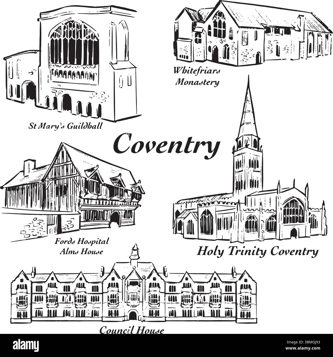 Coventry Wahrzeichen Tusche Illustrationen: St. Mary guildhall, Whitefriars Kloster, Krankenhaus, Holy trinity, Council House. Tudor, gotisch und viktorianisch. Stock Vektor