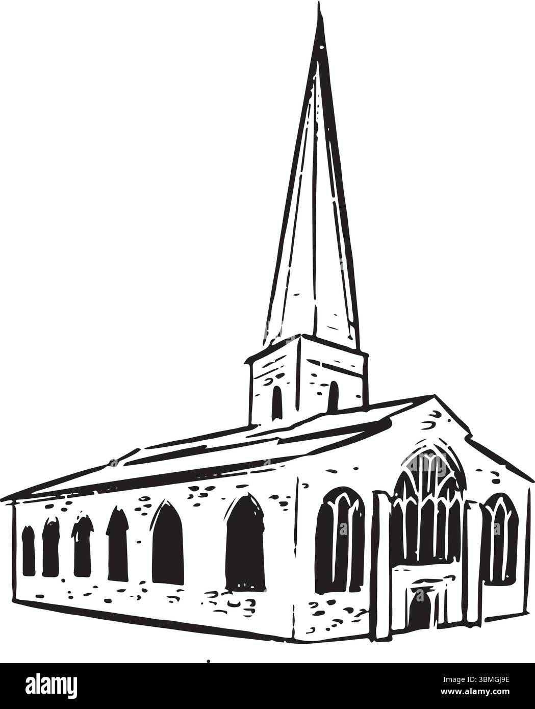 Gotische Kirche mit hohem Turm und Spitzbögen in Line Art Tuschenskizze einer gotischen europäischen Kirche. Ideal für historische und architektonische Zwecke Stock Vektor