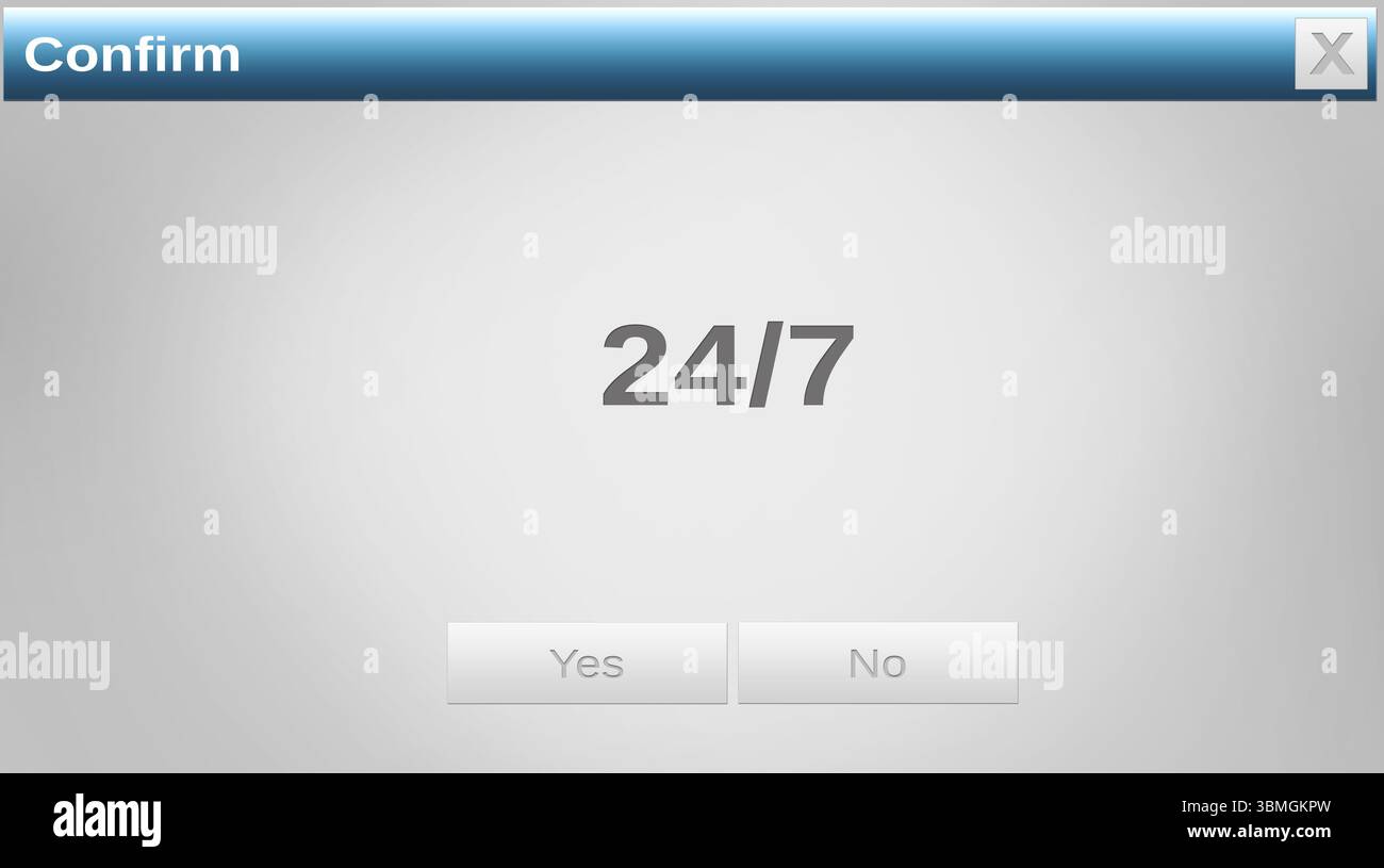 Abbildung: Bestätigen, 24, 7 Text und Ja- und Nein-Schaltflächen im grauen Websitefenster, Kopierraum Stockfoto