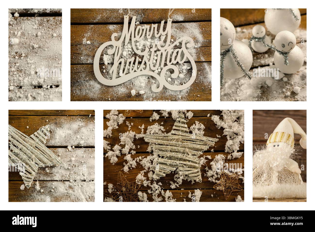 Flache Design-Collage mit Weihnachtsdekoration auf rustikaler, mit Schnee bestaubter Holzoberfläche Stockfoto