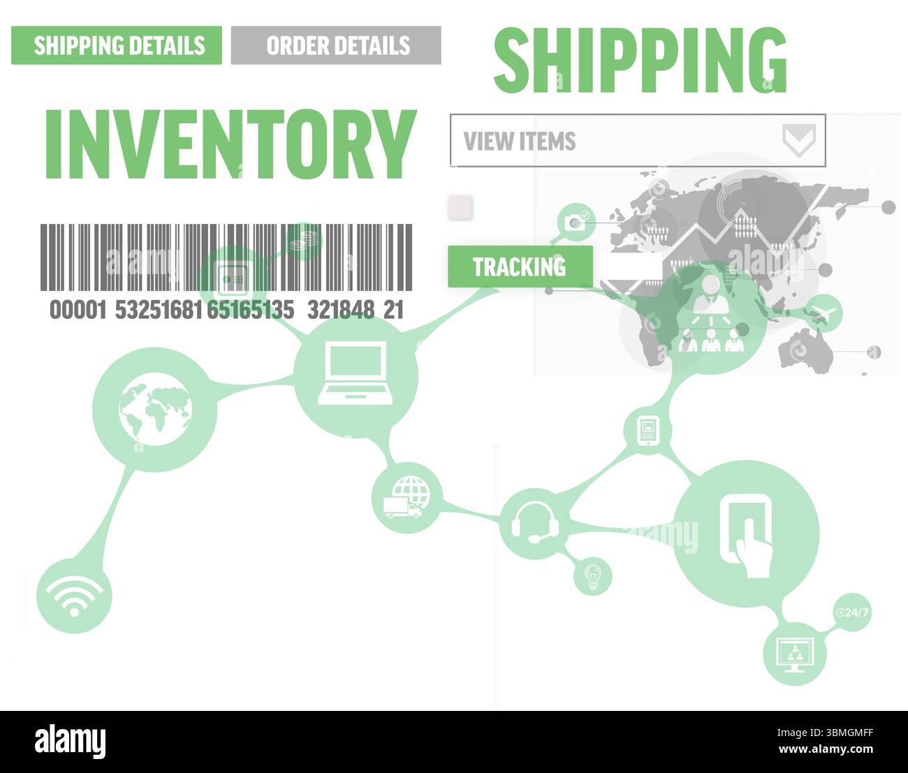 Abstrakte flache Infografik zeigt Versanddetails des Lagerbestands mit Netzwerksymbolen zur Barcode-Verfolgung Stockfoto