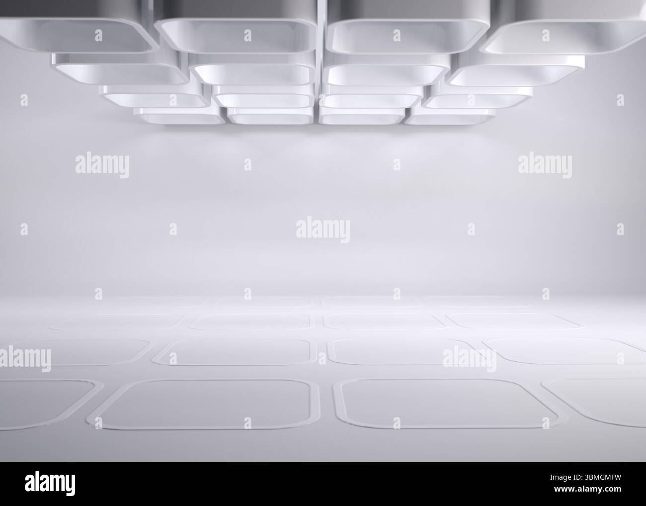 3D-Rendering zeigt abgehängte quadratische Paneele in minimalistischen Räumen mit vertieften Bodenkonturen Stockfoto