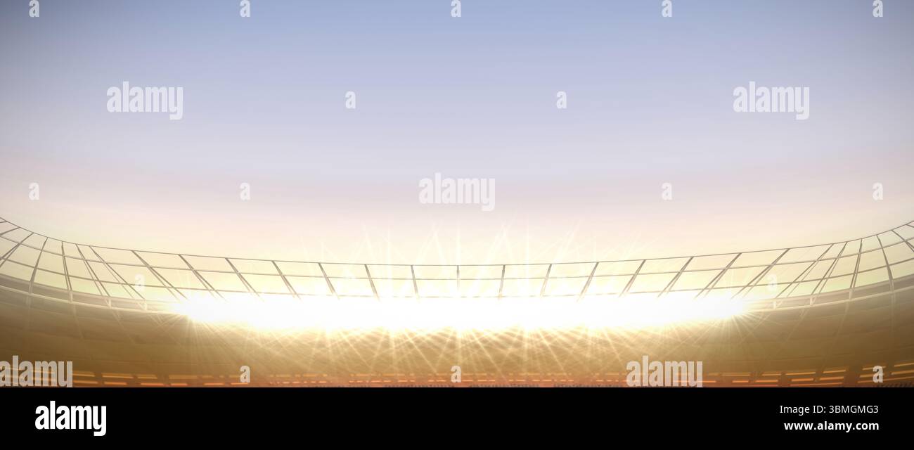 Die flache Illustration zeigt die Flutlichter des Stadions und den Dachstuhl, der über leeren Sitzen leuchtet Stockfoto