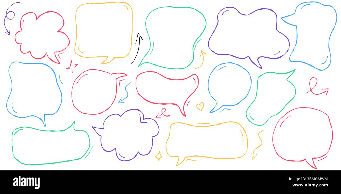 Handgezeichnete Sprechblasen im Stile von Buntstiften und Talk Clouds für Text. Niedliche pastellfarbene Dialograhmen und Doodle-Ballons für Kinder. Cartoon-Boxen mit Kreidelinie Stock Vektor