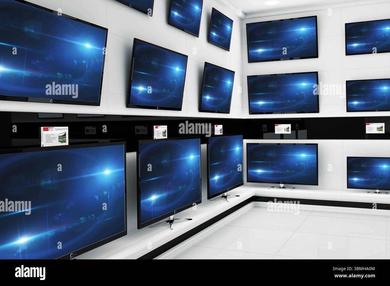 Die flache Illustration zeigt Fernseher, die an weißen Wänden und Regalen über glänzendem Boden montiert sind Stockfoto