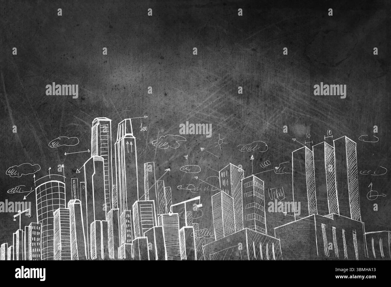 Die Skyline im Stil einer Kreidewand zeigt die Umrisse von Wolkenkratzern, Pfeilen, Wolken und Sonne Stockfoto
