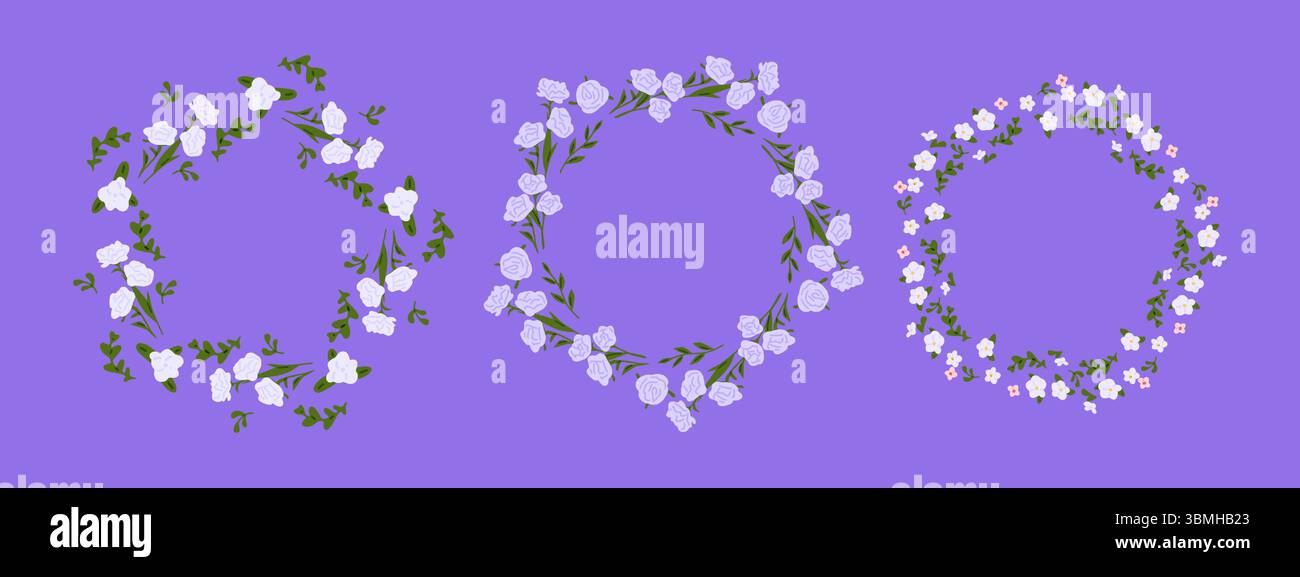 Frames Mit Blumenmuster. Set aus drei Blumenkränzen mit weißen, rosa und Lavendelblüten auf grünen Blattzweigen. Flacher handgezeichneter Stil auf pu Stock Vektor