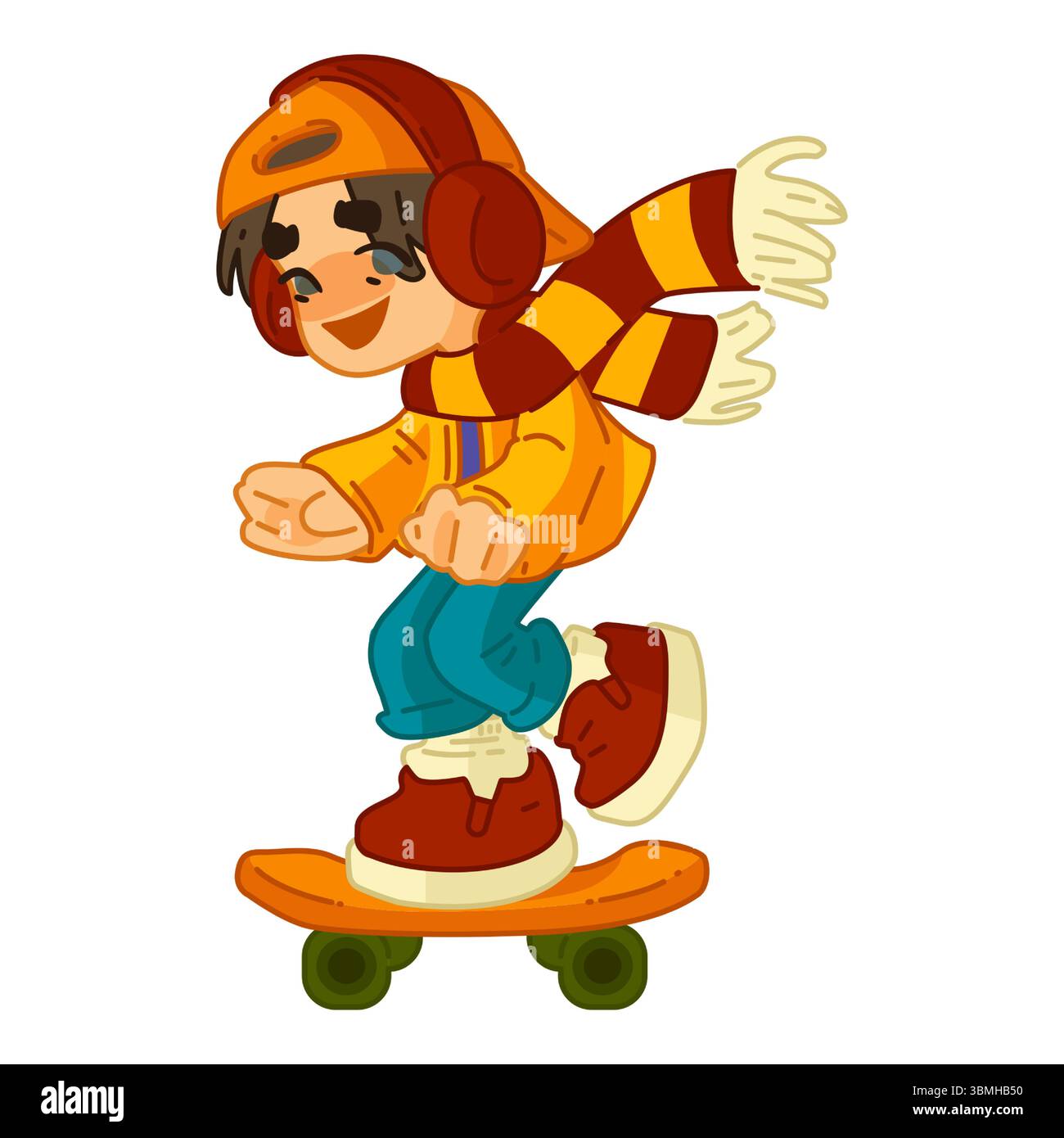 Herbstjunge auf Skateboard Illustration. Fröhlicher Cartoon-Junge in warmen Herbstkleidung, der auf einem Skateboard fährt, isoliert auf weiß. Flacher Stil mit hellem Meer Stock Vektor