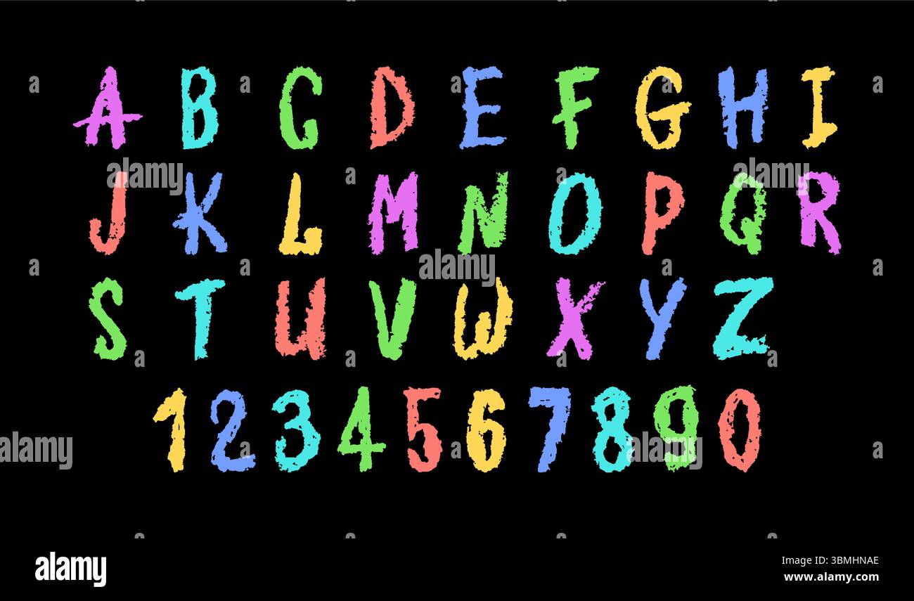 Bunte Vektorillustration des englischen Alphabets und der Zahlen 0-9, handgezeichnet in einem Buntstift, Kreide, Pastellfarben oder Wachs. Markierungseffekt auf einem Stock Vektor