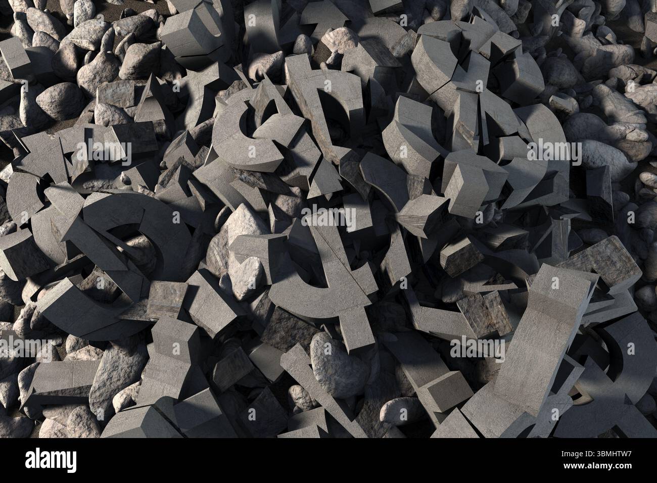 Große Haufen von Betonfragmenten und Steinen werden im 3D-Rendering mit dynamischen Schatten angezeigt Stockfoto