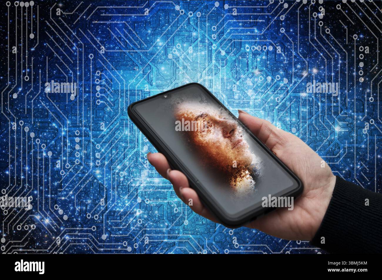 Künstliche Intelligenz entsteht aus dem Smartphone und symbolisiert die Integration von Mensch und Technologie in eine digitale Welt und einen virtuellen Agenten Stockfoto