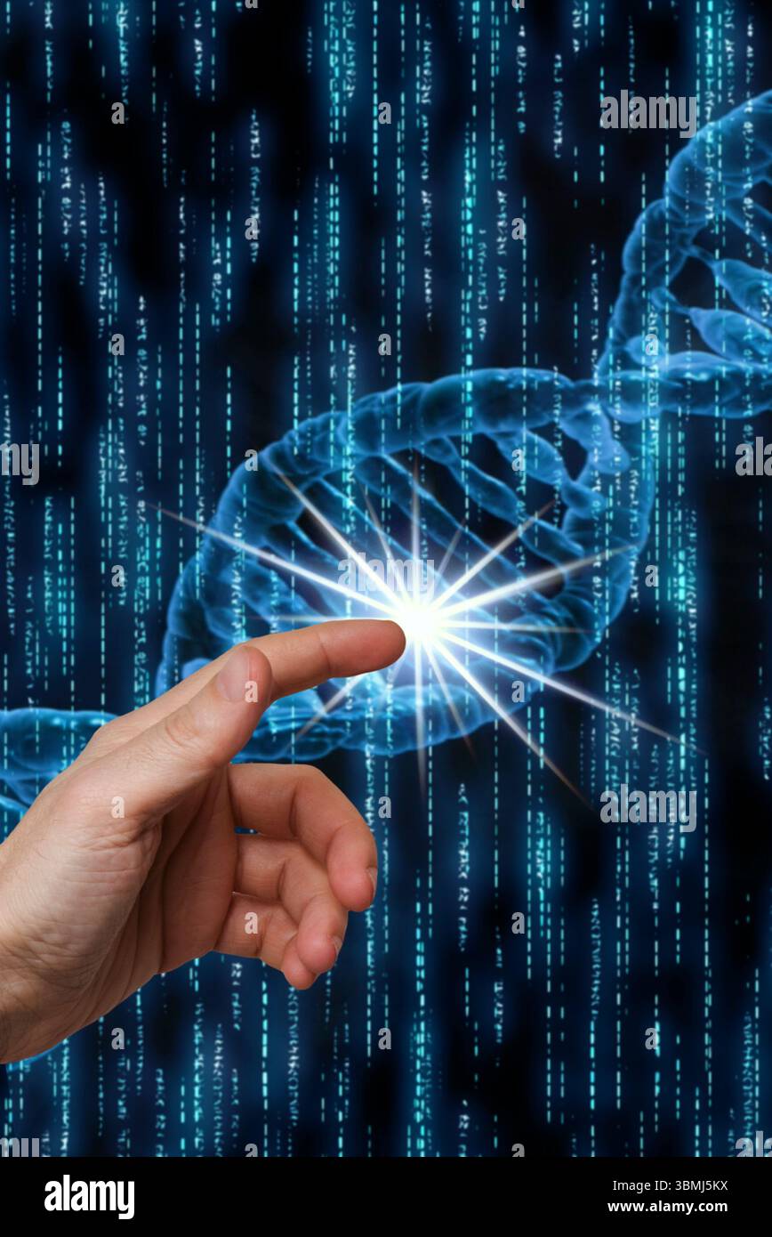 Hand berührt ein dna-Helix-, Genom- und Biotech-Forschungskonzept Stockfoto Hand berührt ein dna-Helix-, Genom- und Biotech-Forschungskonzept Stockfoto