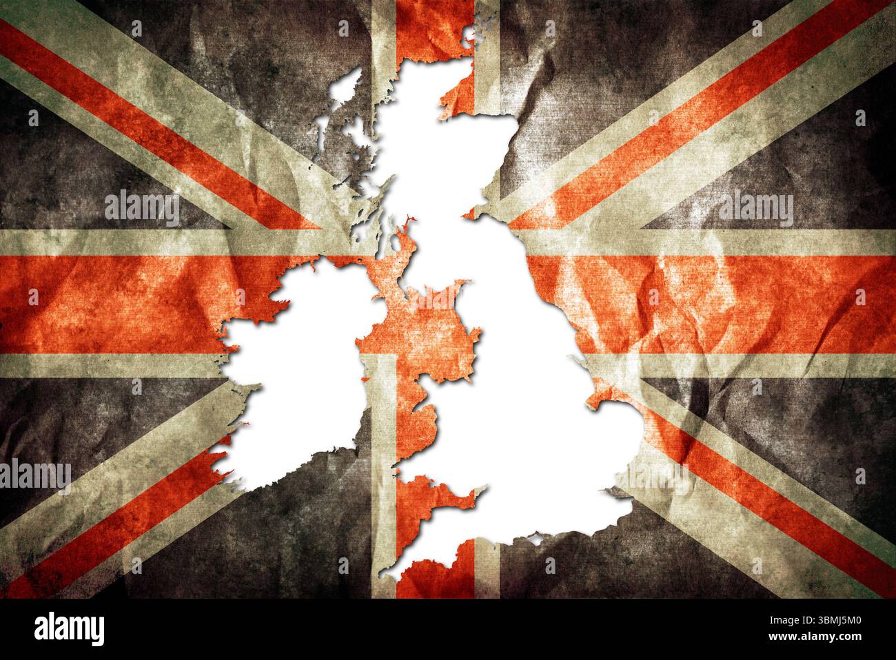 Die Silhouette des Vereinigten Königreichs, die aus einer faltigen Union Jack-Flagge herausgeschnitten ist, symbolisiert nationale Identität oder politischen Wandel Stockfoto