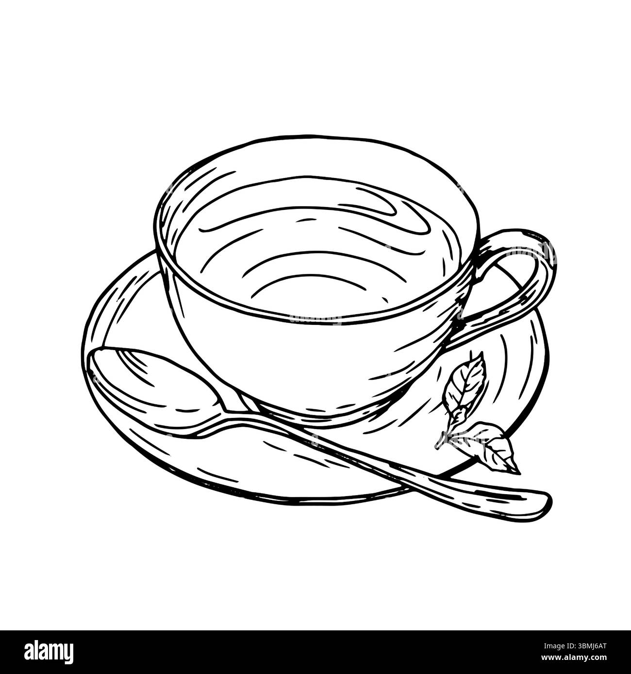 Eine Tasse Tee auf einer Untertasse und Minze- und Teebaumblätter. Vektorabbildung. Eine Tasse Tee oder Kaffee mit Löffel, isoliert auf weißem Hintergrund. Teeparty Stock Vektor