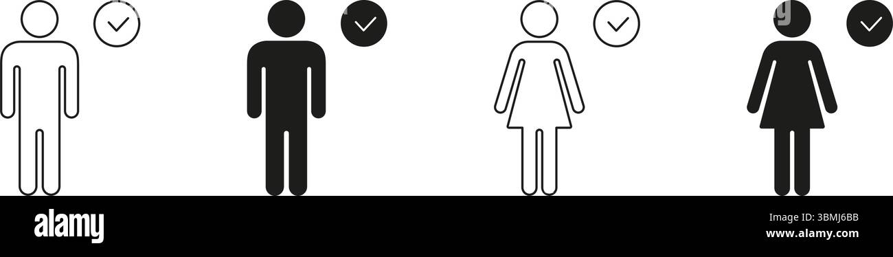 Symbole Für Die Zulassung Von Männern Und Frauen Festgelegt. Geschlechterdarstellung Mit Häkchen, Die Akzeptanz Und Verifizierung Symbolisieren. Kontur Und Volumenkörpersilhouette Stock Vektor