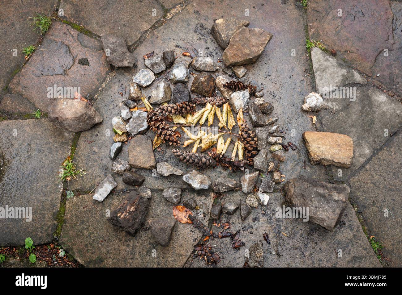 Ein Ornament mit Steinen, Blättern und Tannenzapfen, Deutschland. ein mit Steinen, Blaettern und Tannenzapfen gestaltetes Ornament, Deutschland. Stockfoto