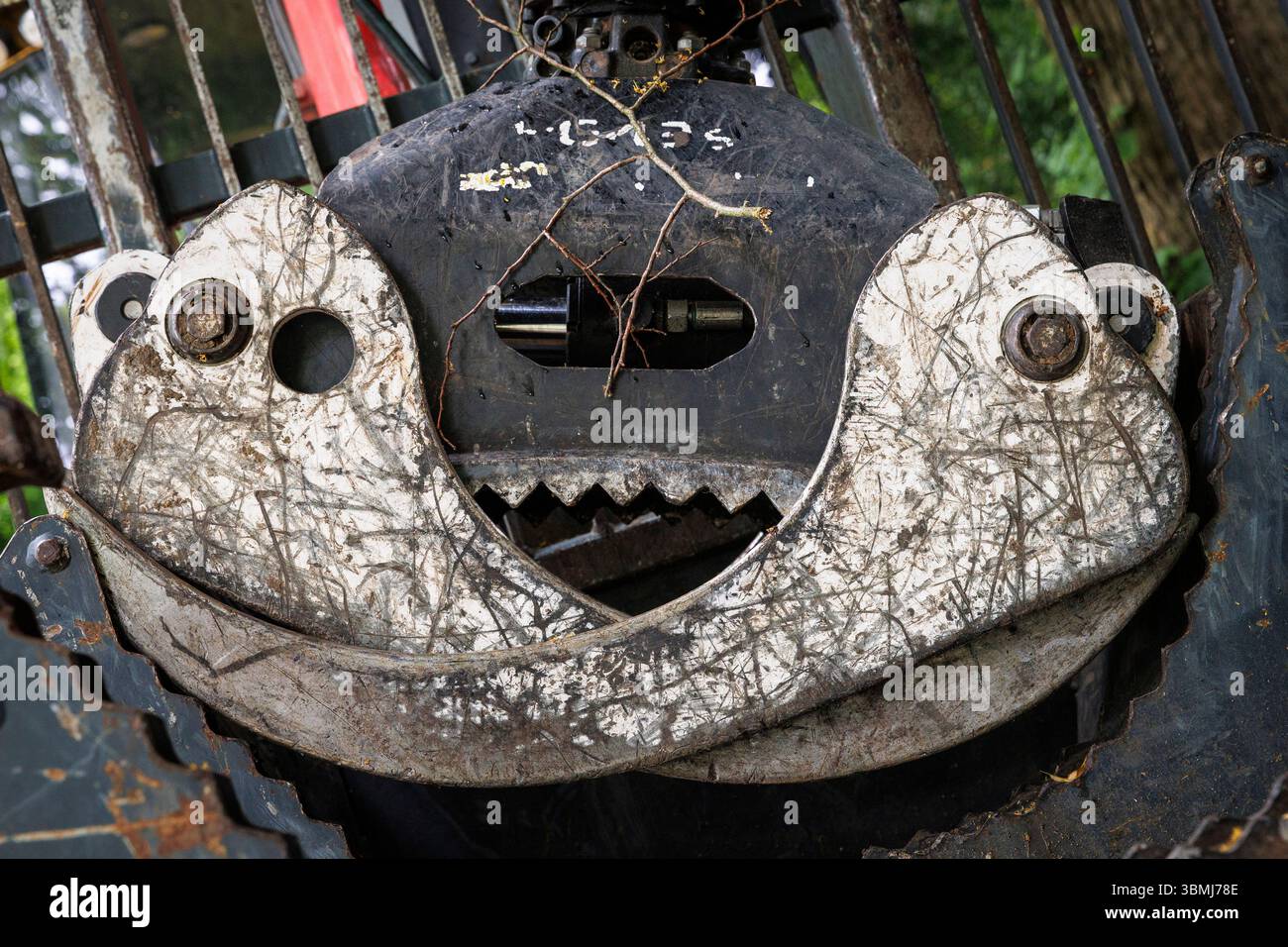 Der Greifer einer Erntemaschine, Holzerntemaschine, Deutschland. Der Greifer eines Harvesters, Holzernstemaschine, Deutschland. Stockfoto