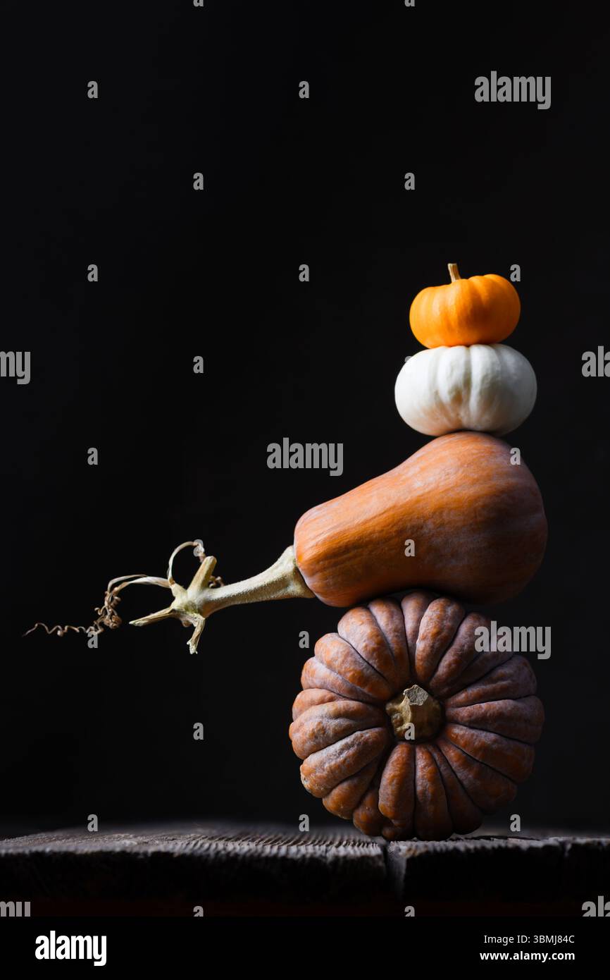 Herbstkomposition mit Kürbisturm auf rustikaler Tischplatte und stimmungsvollem schwarzem Hintergrund. Warme, saisonale Fotos für Herbstessen oder festliche Einrichtung Stockfoto