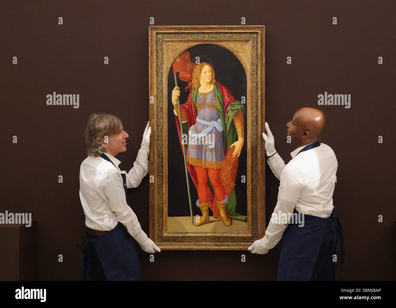 Sothebys London, Großbritannien. Juni 2025. Lorenzo di Credi Saint Quirinus of Neuss Est £ 2.000.000 - 3.000.000 werden bei der Alten Meister und Gemälde des 19. Jahrhunderts versteigert Abendauktion: 2. Juli 2025•19:00 Uhr BST • London.Paul Quezada-Neiman/Alamy Live News Credit: Paul Quezada-Neiman/Alamy Live News Stockfoto