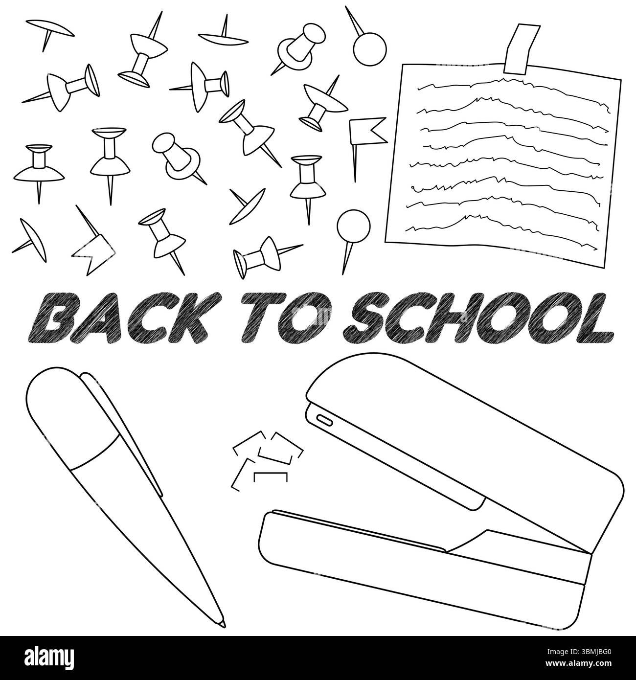 Ausmalseite mit Zeichnung des Konzeptposters mit Hefter, Kugelschreiber, Stecknadeln und Papiernotiz. Für die Unterhaltung der Kinder Stock Vektor