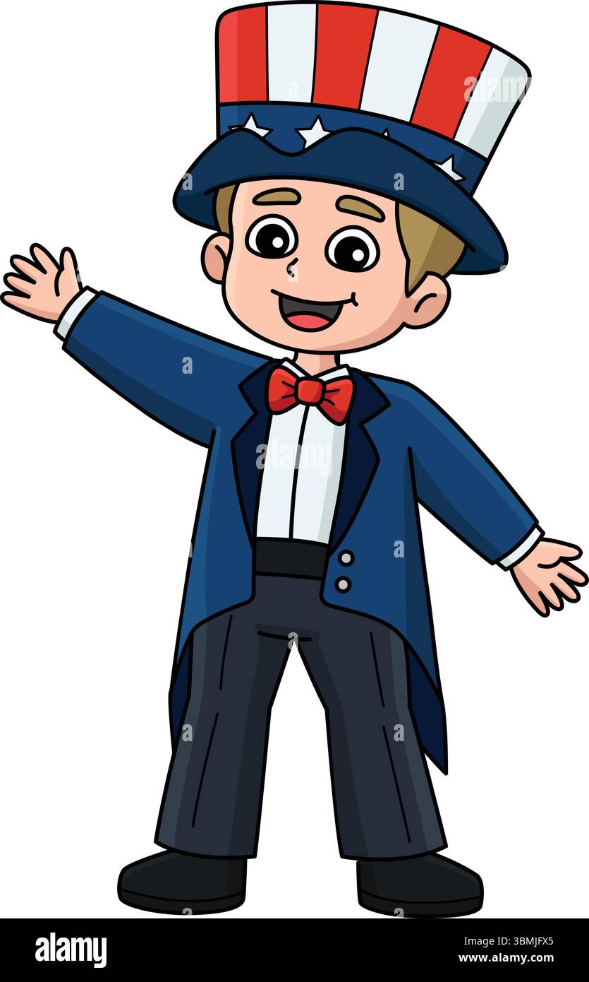4. Juli Kid Dress Up Onkel Sam Cartoon Clipart Stock Vektor