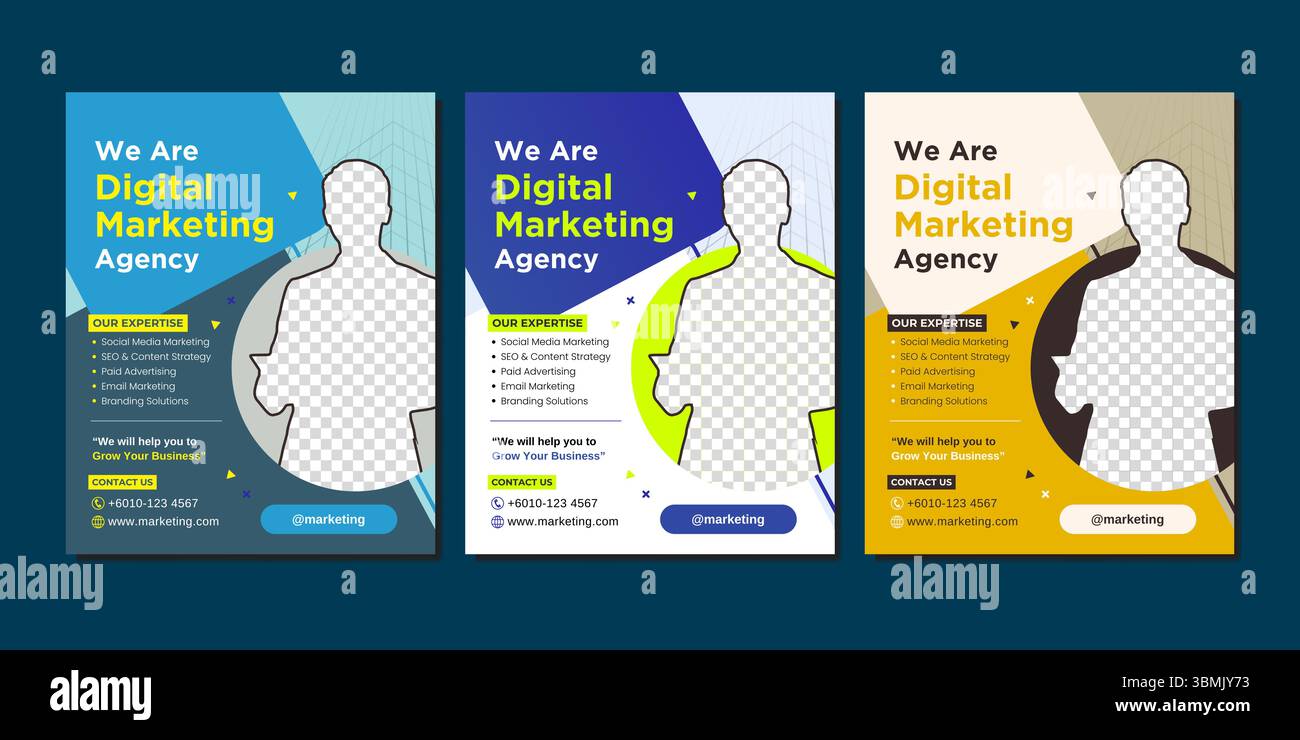 Professionelle Vorlagen für Social-Media-Beiträge für digitale Marketingagenturen. Mit Kontaktinformationen, angebotenen Services und modernem Layout. Stock Vektor