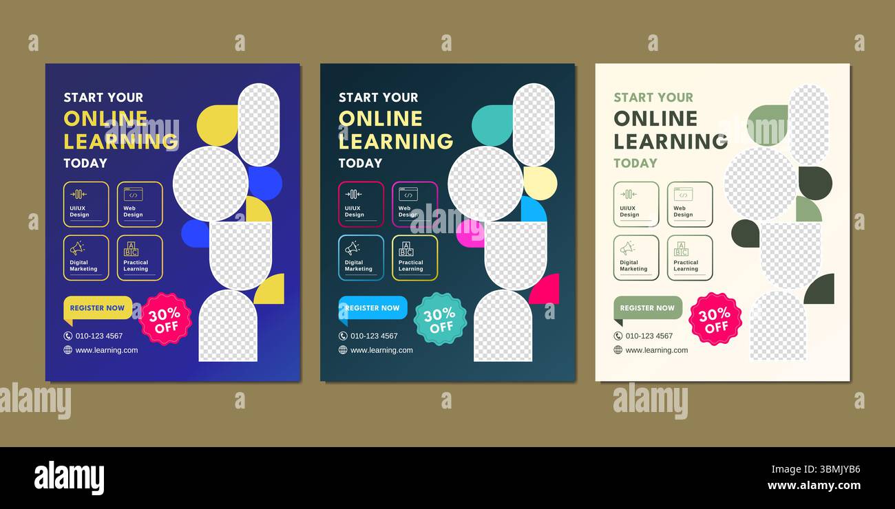 Farbenfrohe und moderne Vorlagen für Social Media-Beiträge zur Werbung für Online-Kurse. Enthält bearbeitbare Foto-Platzhalter und -Symbole. Stock Vektor